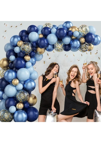 Mavi Tonlarında Metalik Pastel Altın Konfeti Balon Set Parti Kutlama Seti