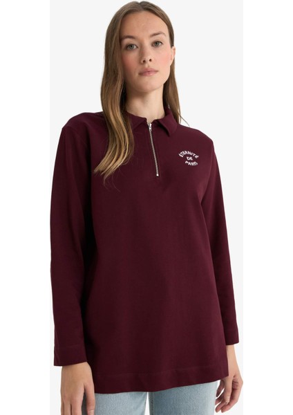 Regular Fit Polo Yaka Nakışlı Yarım Fermuarlı Sweatshirt Tunik fırsatları