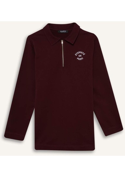 Regular Fit Polo Yaka Nakışlı Yarım Fermuarlı Sweatshirt Tunik
