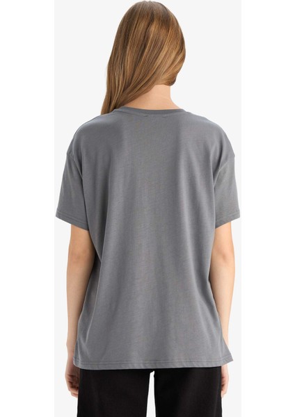 Oversize Geniş Kalıp Bisiklet Yaka Baskılı Kısa Kollu Tişört G2767AX25AU