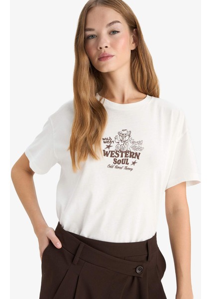 Oversize Geniş Kalıp Bisiklet Yaka Baskılı Kısa Kollu Tişört G3264AX25WN modelleri