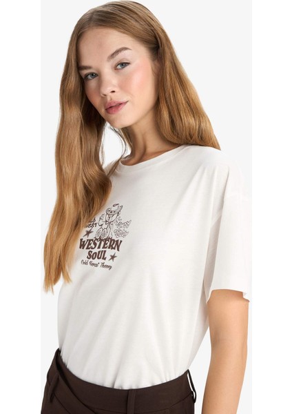 Oversize Geniş Kalıp Bisiklet Yaka Baskılı Kısa Kollu Tişört G3264AX25WN indirimleri