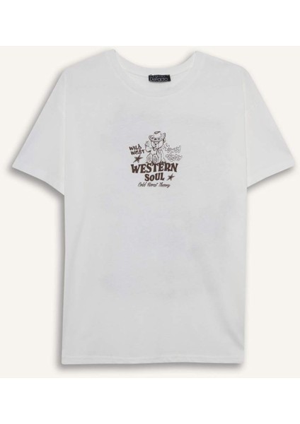 Oversize Geniş Kalıp Bisiklet Yaka Baskılı Kısa Kollu Tişört G3264AX25WN
