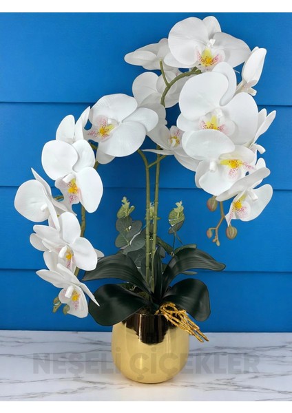 Yapay Çiçek Beyaz Islak Orkide 55 cm Lüks Gold Metal Saksıda Dekoratif Hediye Yapay Salon Çiçeği indirimleri