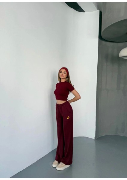 Osy Modal Yumuşak Dokulu Kumaş Nakış Işlemeli Rahat Bol Paça Eşofman Pantalon - Bordo fırsatları