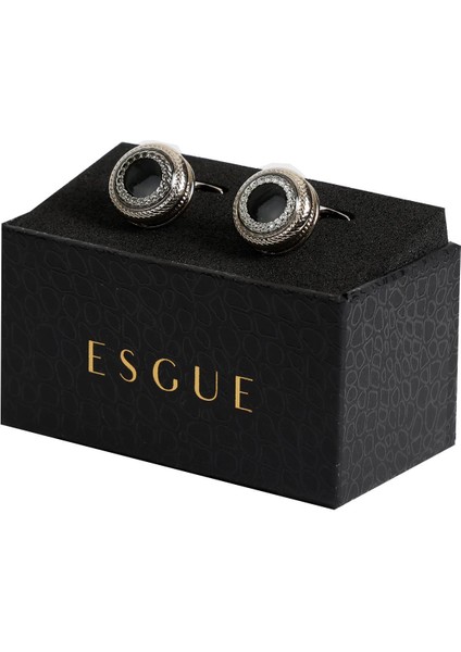 Gümüş Renk Siyah Desenli Yuvarlak Kol Düğmesi KD:7202