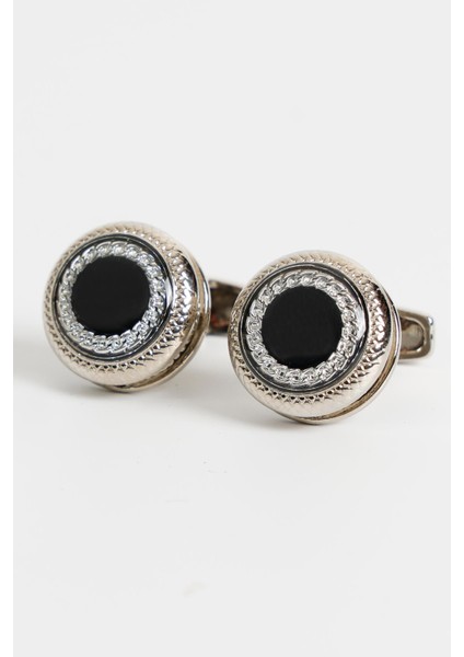 Gümüş Renk Siyah Desenli Yuvarlak Kol Düğmesi KD:7202 fiyatları