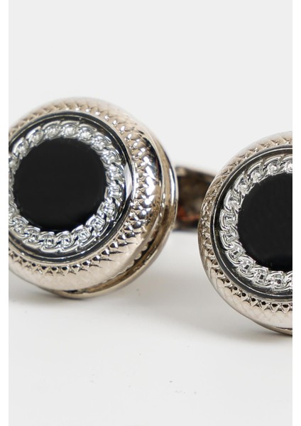 Gümüş Renk Siyah Desenli Yuvarlak Kol Düğmesi KD:7202 modelleri