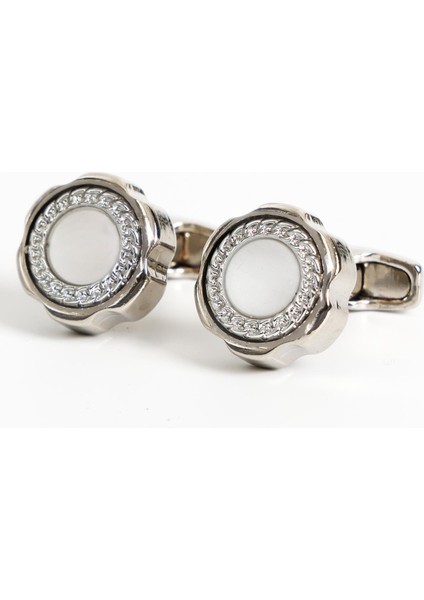 Gümüş Renk Beyaz Yuvarlak Desenli Kol Düğmesi KD:7006 fiyatları