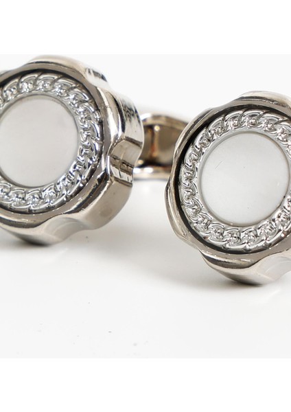 Gümüş Renk Beyaz Yuvarlak Desenli Kol Düğmesi KD:7006 modelleri