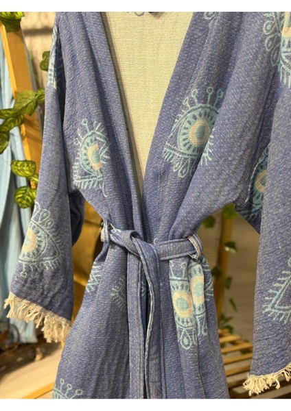 Müslin Kimono %100 Pamuklu Göz Desenli Jakarlı Bornoz Kaftan Sabahlık
