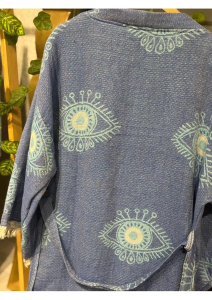 Müslin Kimono %100 Pamuklu Göz Desenli Jakarlı Bornoz Kaftan Sabahlık