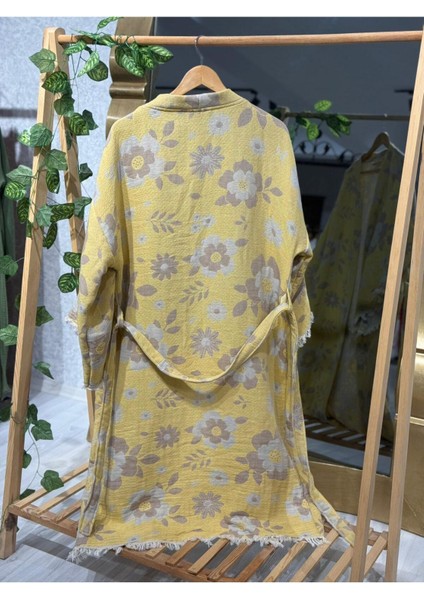 Müslin Kimono %100 Pamuklu Çiçek Desenli Jakarlı Bornoz Kaftan Sabahlık