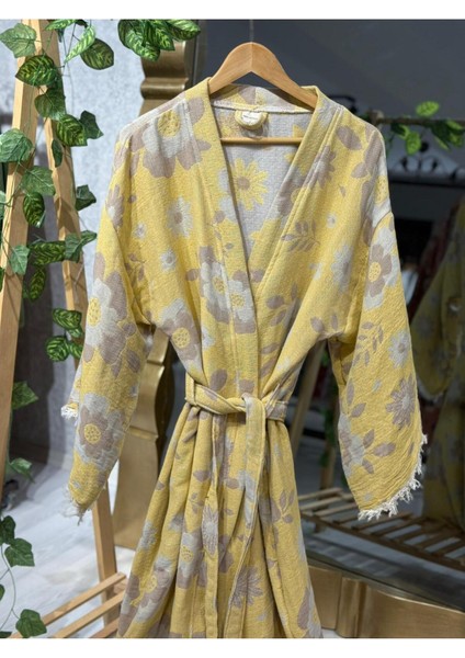 Müslin Kimono %100 Pamuklu Çiçek Desenli Jakarlı Bornoz Kaftan Sabahlık