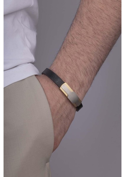 Çelik Aparatlı Çift Renk Altın Kaplama Erkek Deri Bileklik