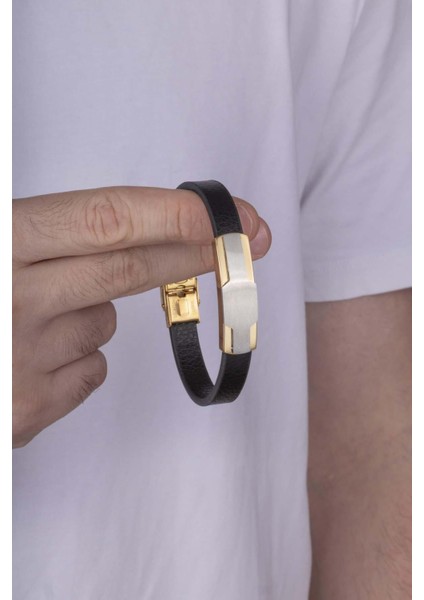 Çelik Aparatlı Çift Renk Altın Kaplama Erkek Deri Bileklik modelleri