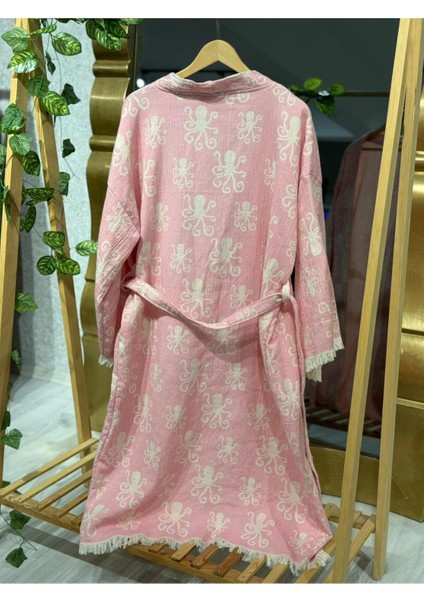 Müslin Kimono %100 Pamuklu Ahtapot Desenli Bornoz Kaftan Sabahlık