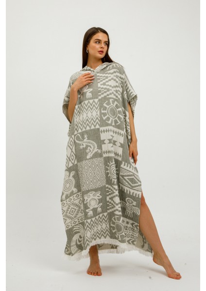 Müslin Panço Etnik Kimono %100 Pamuklu Jakarlı Bornoz Kaftan Sabahlık