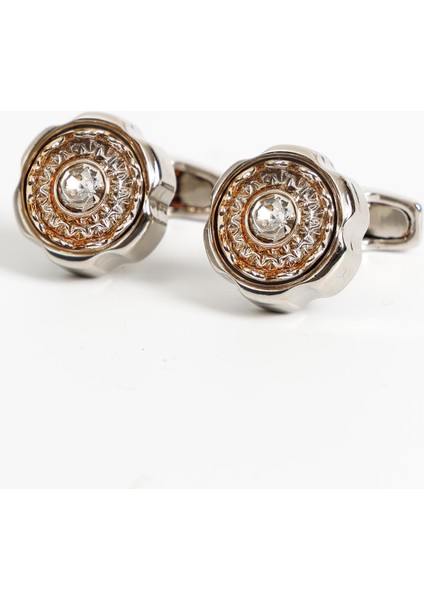Gümüş Renk Gold Taşlı Yuvarlak Desenli Kol Düğmesi KD:7007 fiyatları