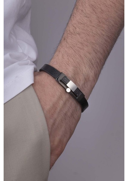 Çelik Aparatlı Çift Renk Klasik Model Erkek Deri Bileklik