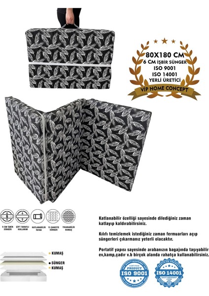 Tek Kişilik Katlanır Yer Yatağı Sünger Yatak Siyah Tüylü 80X180 Cm-6 cm