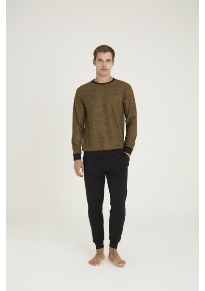 Erkek Taba Renk Uzun Kollu Bisiklet Yaka Lastikli Paça Pijama Takımı C4T6N08