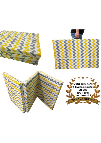 Katlanır Yer Yatağı ve Tek Kişilik Sünger Katlanır Minder Yatak 70X180 cm 6 cm Sarı Gri Zikzak