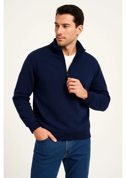 Monsi Erkek Dik Yaka Sweatshirt Dik Yaka Yarım Fermuarlı 3 Iplik Şardonlu Pamuk Kumaş 7 Renk Seçeneğiyle