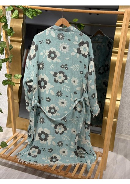 Müslin Kimono %100 Pamuklu Çiçek Desenli Jakarlı Bornoz Kaftan Sabahlık