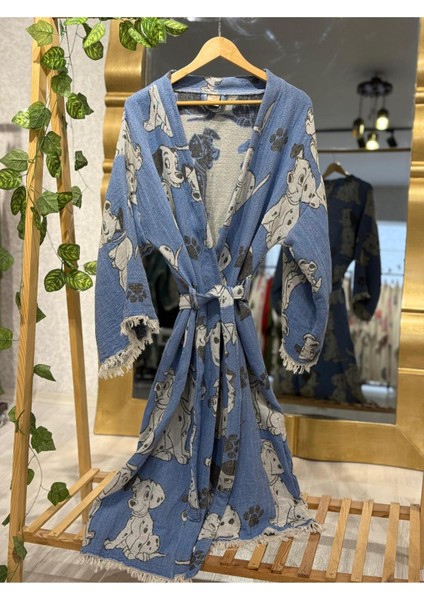 Müslin Kimono %100 Pamuklu Dalmaçyalı Desenli Jakarlı Bornoz Kaftan Sabahlık