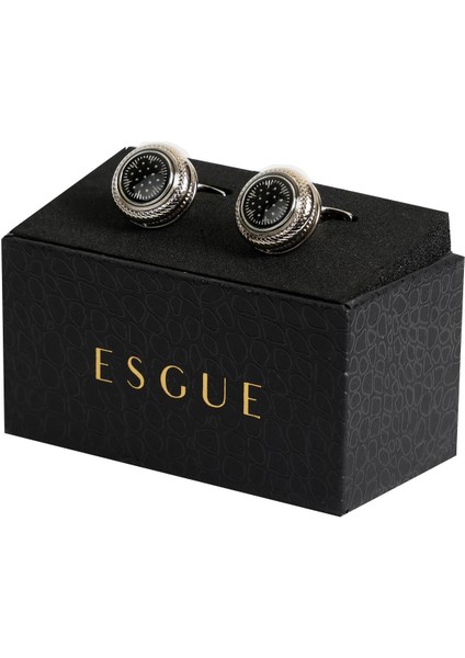 Gümüş Renk Siyah Desenli Yuvarlak Kol Düğmesi KD:7207