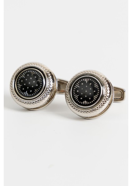 Gümüş Renk Siyah Desenli Yuvarlak Kol Düğmesi KD:7207 fiyatları