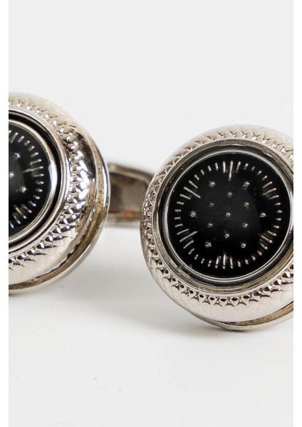 Gümüş Renk Siyah Desenli Yuvarlak Kol Düğmesi KD:7207 modelleri