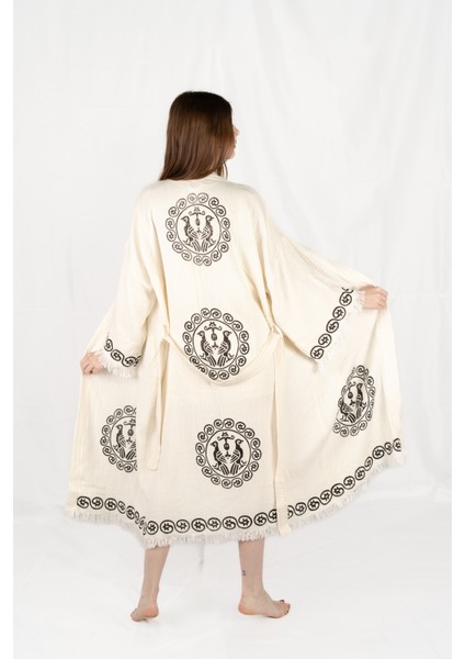 Müslin Kimono %100 Pamuklu Çift Başlı Kartal Baskılı Desenli Bornoz Kaftan Sabahlık