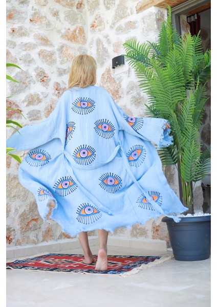 Müslin Kimono %100 Pamuklu Göz Baskılı Desenli Bornoz Kaftan Sabahlık