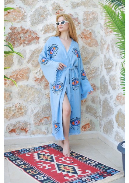 Müslin Kimono %100 Pamuklu Göz Baskılı Desenli Bornoz Kaftan Sabahlık fiyatları