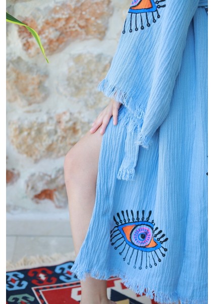 Müslin Kimono %100 Pamuklu Göz Baskılı Desenli Bornoz Kaftan Sabahlık