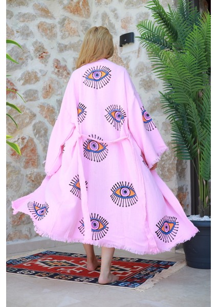 Müslin Kimono %100 Pamuklu Göz Baskılı Desenli Bornoz Kaftan Sabahlık
