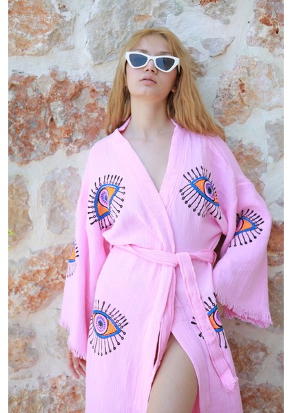 Müslin Kimono %100 Pamuklu Göz Baskılı Desenli Bornoz Kaftan Sabahlık fiyatları