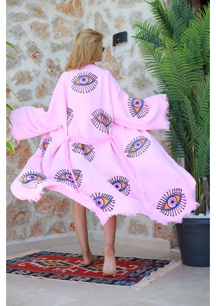 Müslin Kimono %100 Pamuklu Göz Baskılı Desenli Bornoz Kaftan Sabahlık modelleri