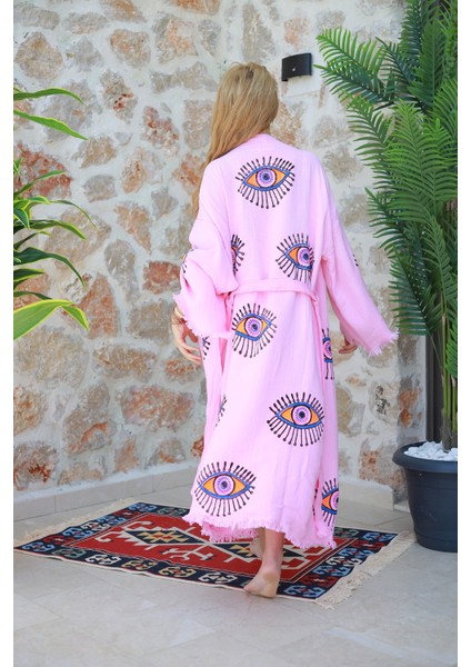 Müslin Kimono %100 Pamuklu Göz Baskılı Desenli Bornoz Kaftan Sabahlık indirimleri