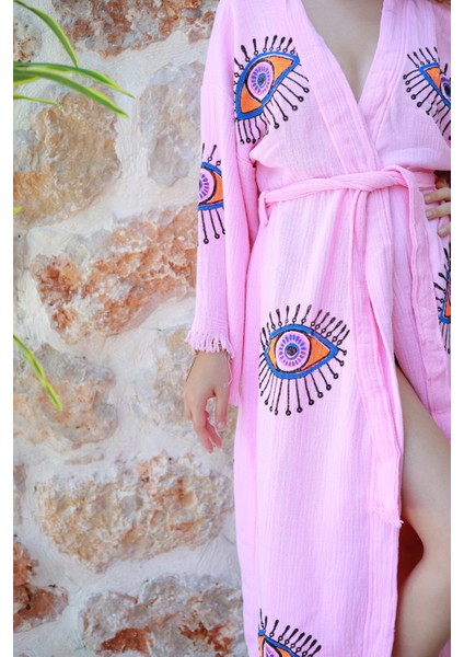 Müslin Kimono %100 Pamuklu Göz Baskılı Desenli Bornoz Kaftan Sabahlık