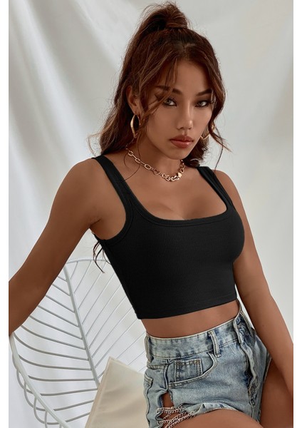 Kadın Siyah Kalın Askılı Crop Top Büstiyer