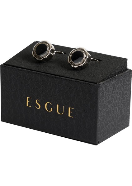 Gümüş Renk Siyah Yuvarlak Desenli Kol Düğmesi KD:7010