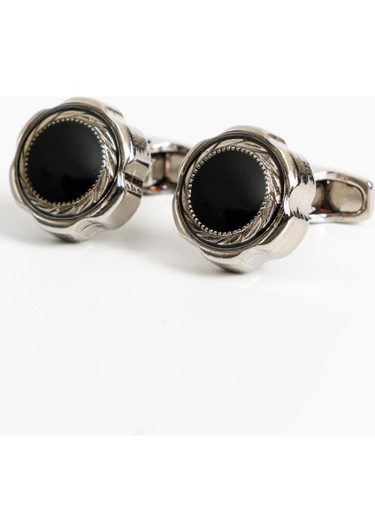 Gümüş Renk Siyah Yuvarlak Desenli Kol Düğmesi KD:7010 fiyatları