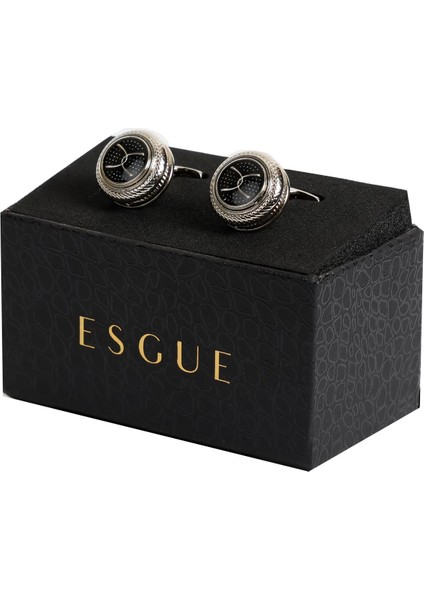 Gümüş Renk Siyah Desenli Yuvarlak Kol Düğmesi KD:7205