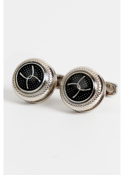 Gümüş Renk Siyah Desenli Yuvarlak Kol Düğmesi KD:7205 fiyatları