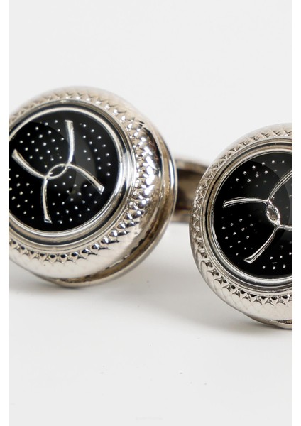 Gümüş Renk Siyah Desenli Yuvarlak Kol Düğmesi KD:7205 modelleri