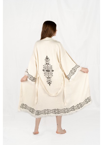 Müslin Kimono %100 Pamuklu Çini Baskılı Desenli Bornoz Kaftan Sabahlık