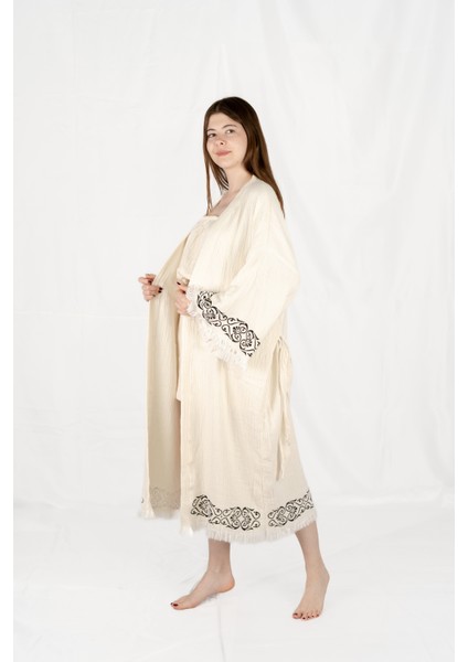 Müslin Kimono %100 Pamuklu Çini Baskılı Desenli Bornoz Kaftan Sabahlık modelleri